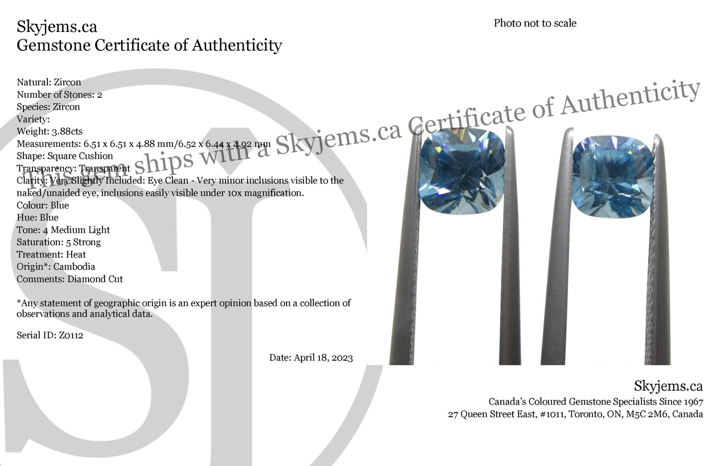 3.88ct Pair Square Cushion Diamond Cut Blue Zircon from Cambodia - Skyjems Wholesale Gemstones