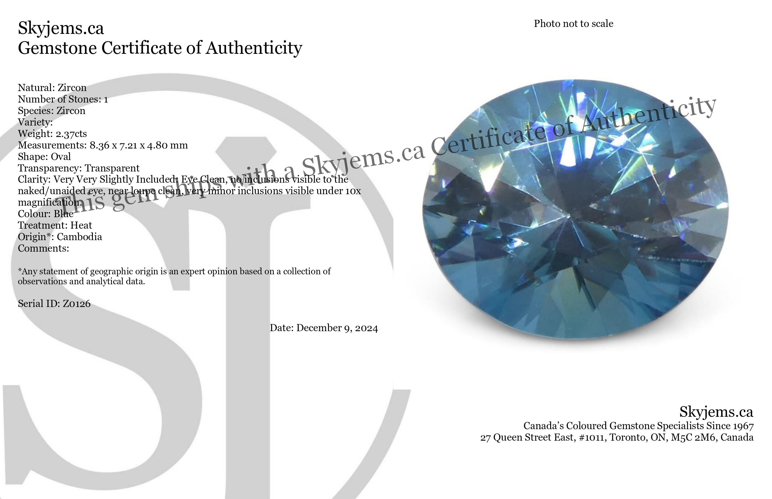 2.37ct Natural Earth Mined Oval Master Brilliant Cut Blue Zircon from Cambodia - Skyjems Wholesale Gemstones