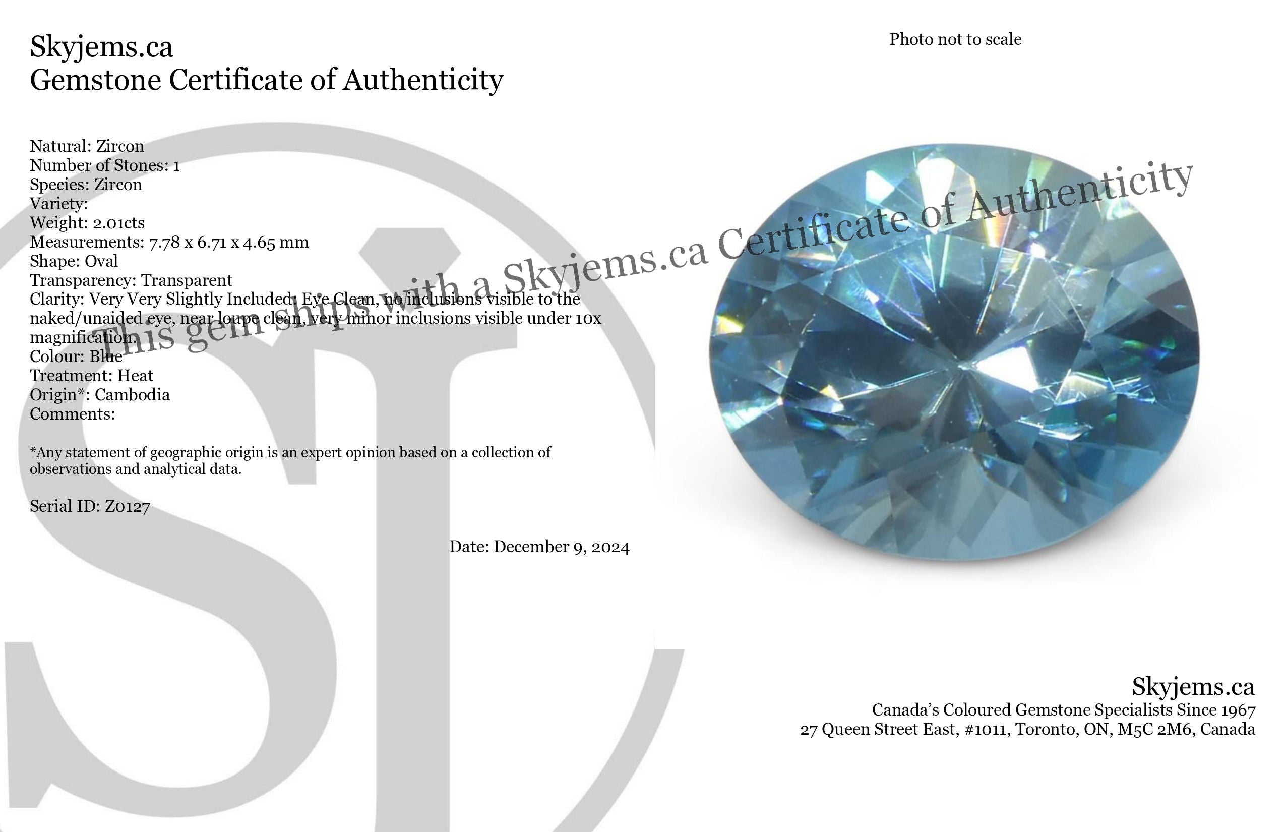 2.01ct Natural Earth Mined Oval Master Brilliant Cut Blue Zircon from Cambodia - Skyjems Wholesale Gemstones