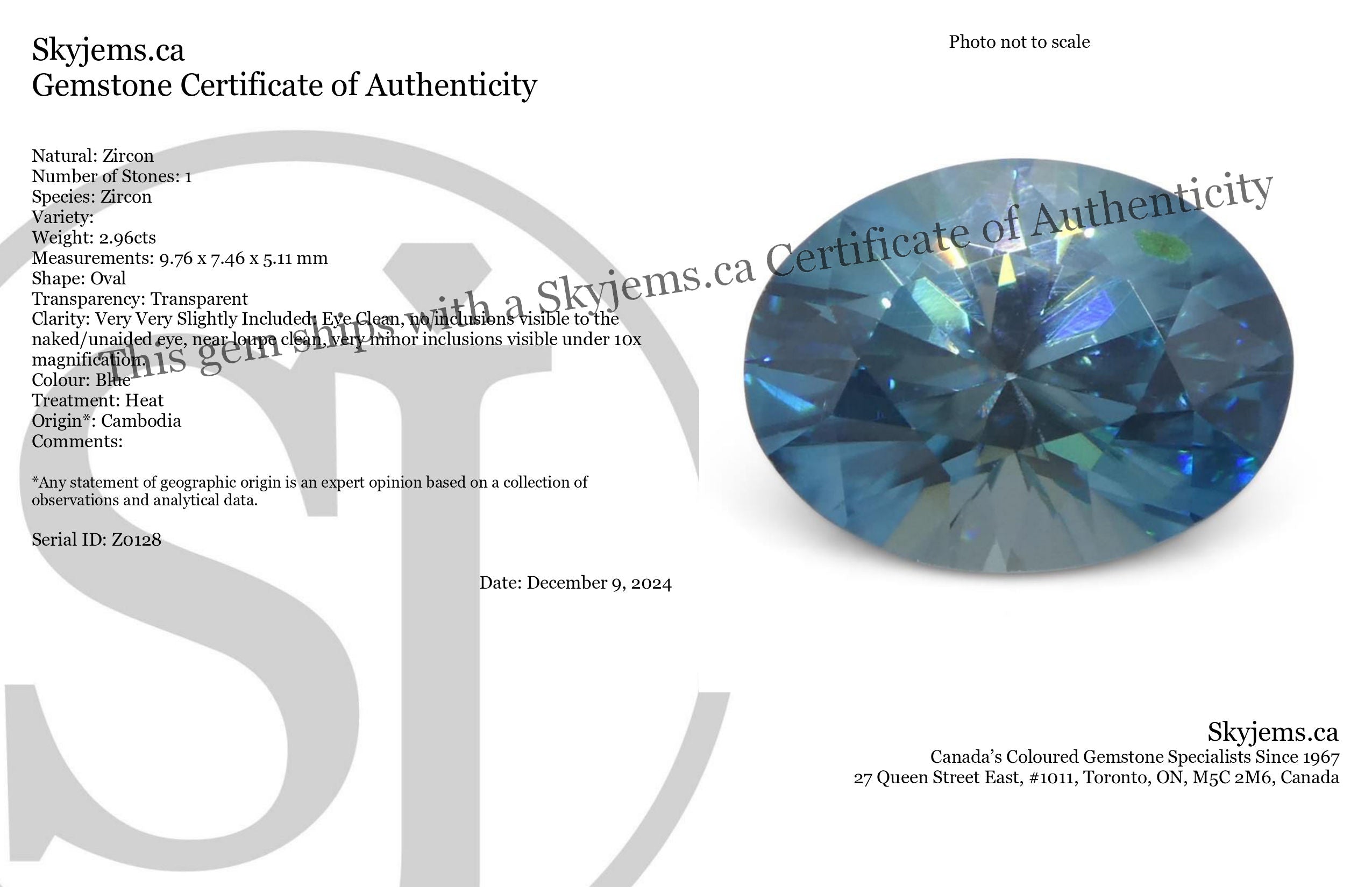 2.96ct Natural Earth Mined Oval Master Brilliant Cut Blue Zircon from Cambodia - Skyjems Wholesale Gemstones