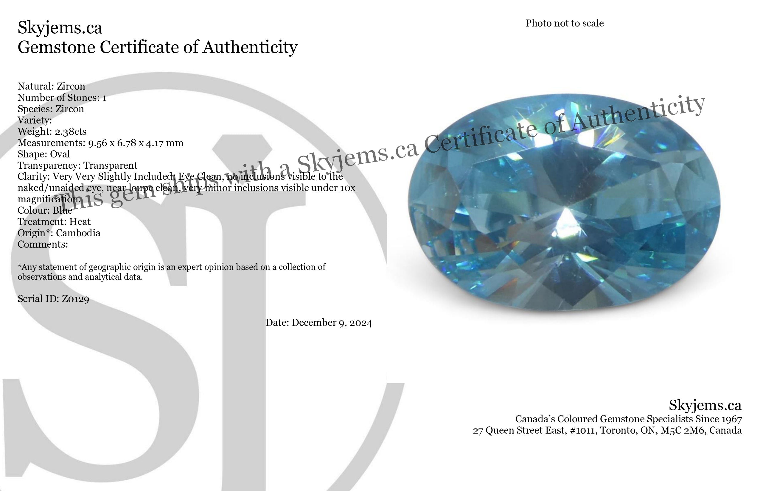 2.38ct Natural Earth Mined Oval Master Brilliant Cut Blue Zircon from Cambodia - Skyjems Wholesale Gemstones