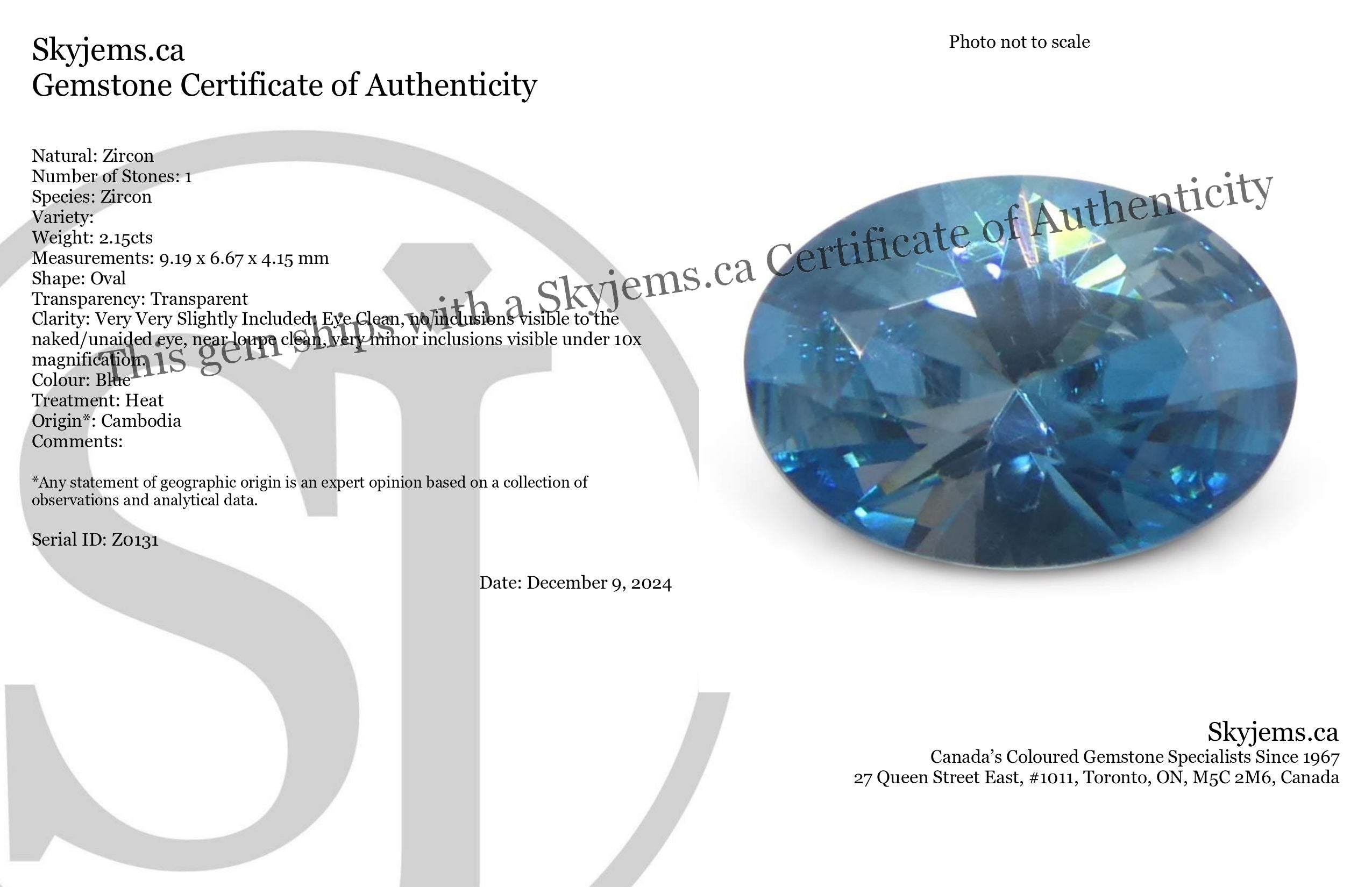 2.15ct Natural Earth Mined Oval Master Brilliant Cut Blue Zircon from Cambodia - Skyjems Wholesale Gemstones
