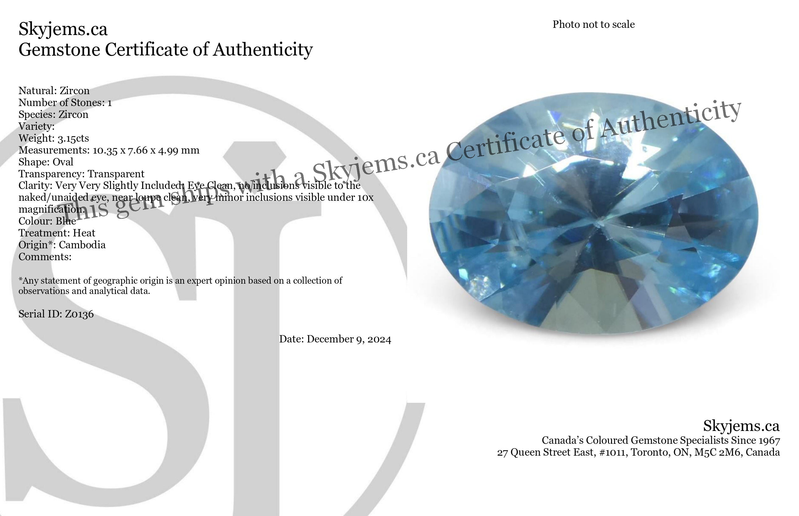 3.15ct Natural Earth Mined Oval Master Brilliant Cut Blue Zircon from Cambodia - Skyjems Wholesale Gemstones