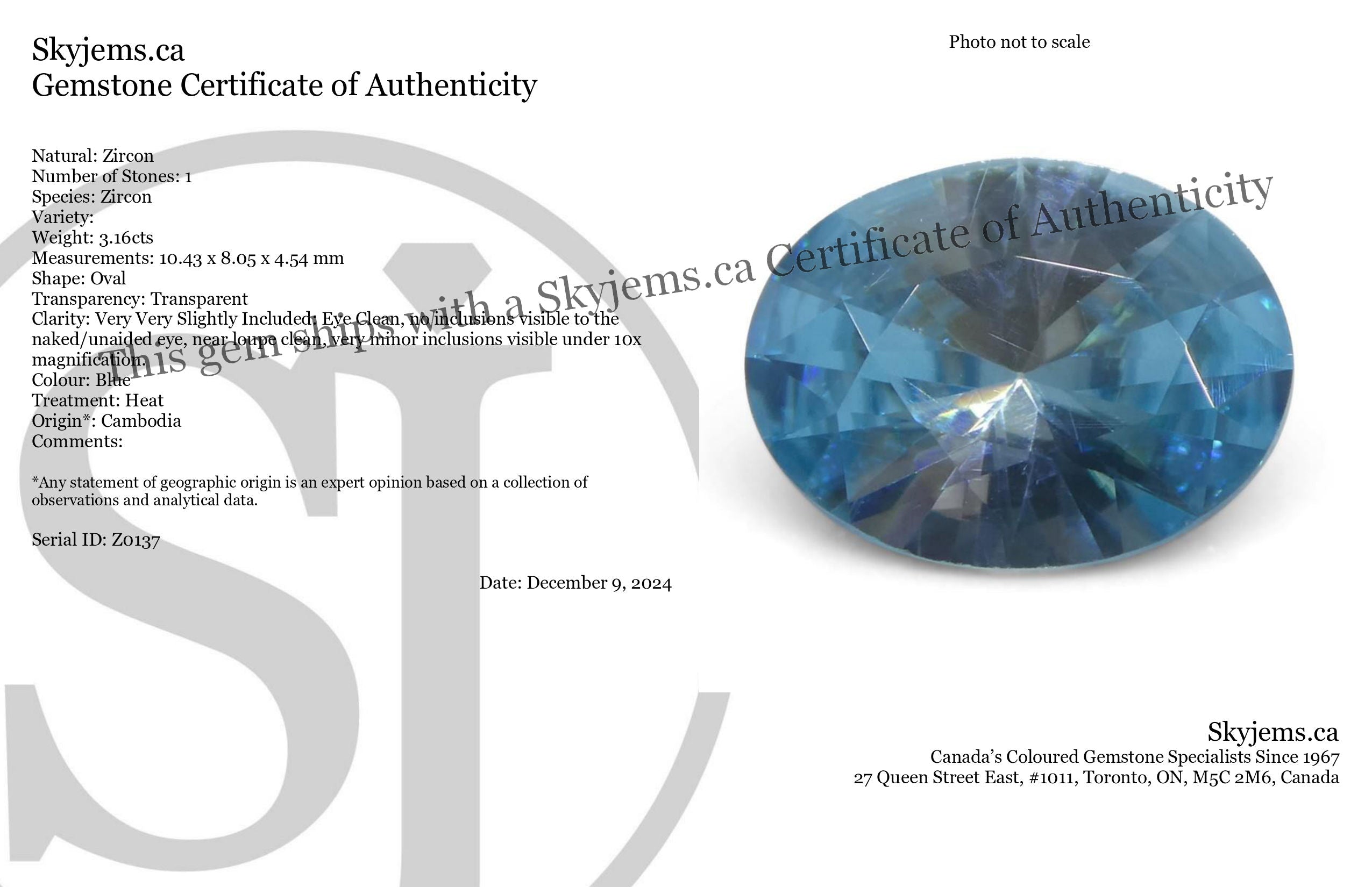 3.16ct Natural Earth Mined Oval Master Brilliant Cut Blue Zircon from Cambodia - Skyjems Wholesale Gemstones