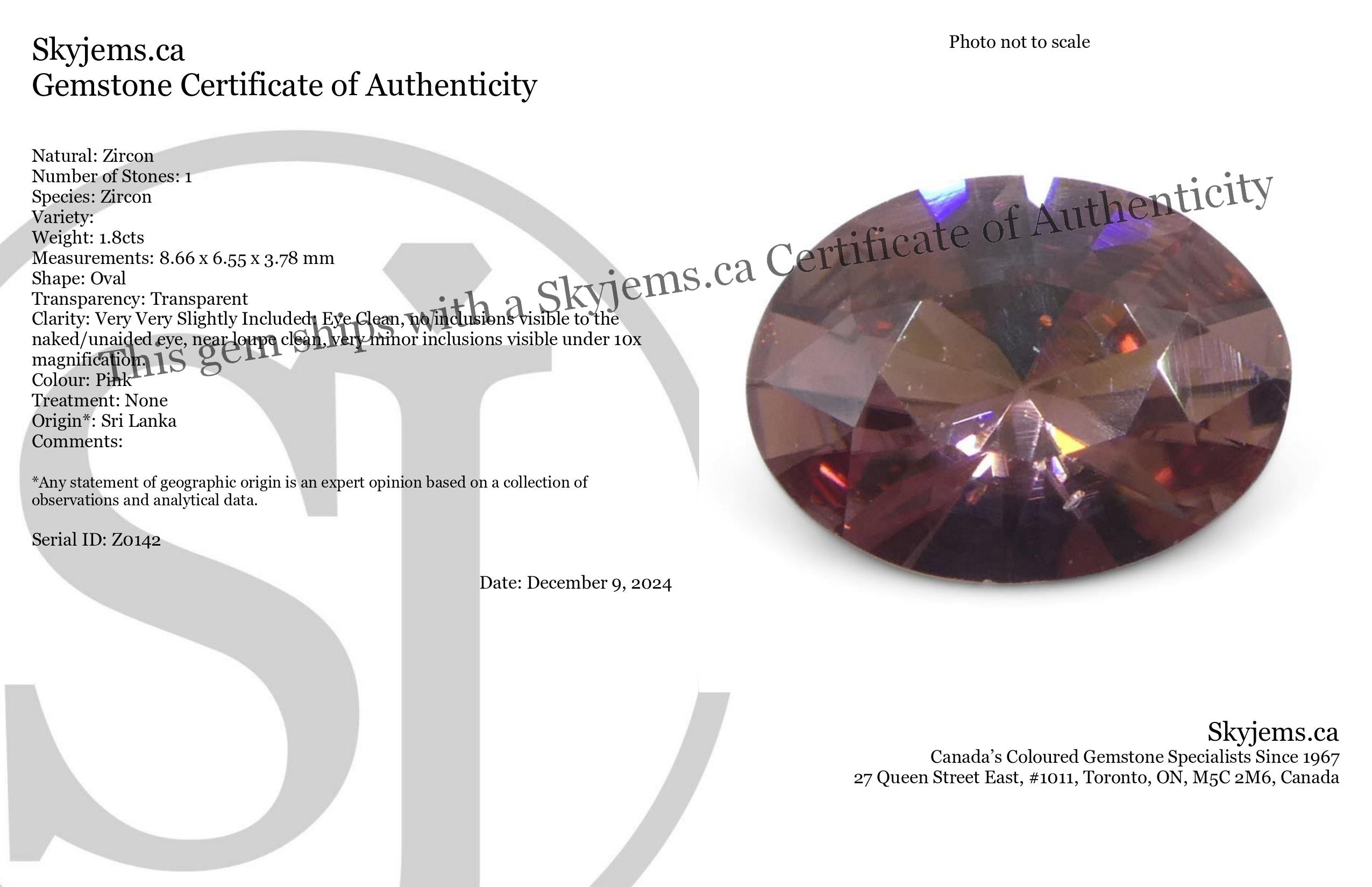 1.8ct Natural Earth Mined Oval Master Brilliant Cut Pink Zircon from Sri Lanka - Skyjems Wholesale Gemstones