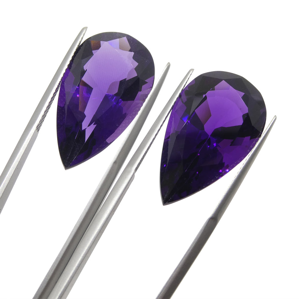SkyJems 36.72ct Pear Purple Amethyst Pair from Uruguay, premium wholesale gemstone with vivid color and matched brilliance