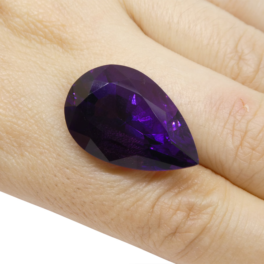 26.11 carat pear-cut purple Uruguayan amethyst gemstone from SkyJems, premium unheated quartz with vivid color and exceptiona