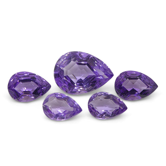 Amethyst 11 cts 1x 14.00x10.00mm, 2x 10.00x7.00mm, 2x 9.00x6.00mm Pear Purple  $350