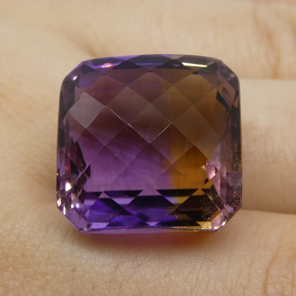 SkyJems rare 34.60 ct Bolivian ametrine, cushion checkerboard cut with vibrant yellow and violet bicolor gem