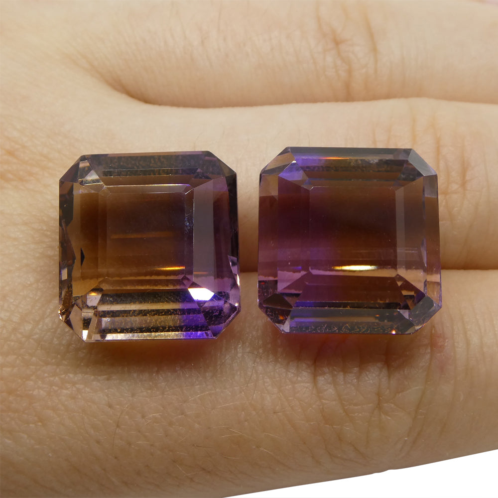 SkyJems 49.73 ct Bolivian Ametrine Pair: Rare Yellow and Purple Emerald Cut Gemstone Duo