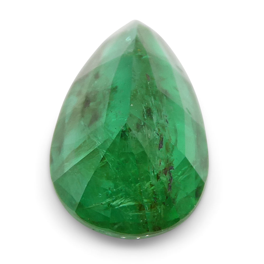 1.8ct Pear Green Zambian Emerald from SkyJems, premium step-cut gemstone with rich bluish-green color and exceptional clarity