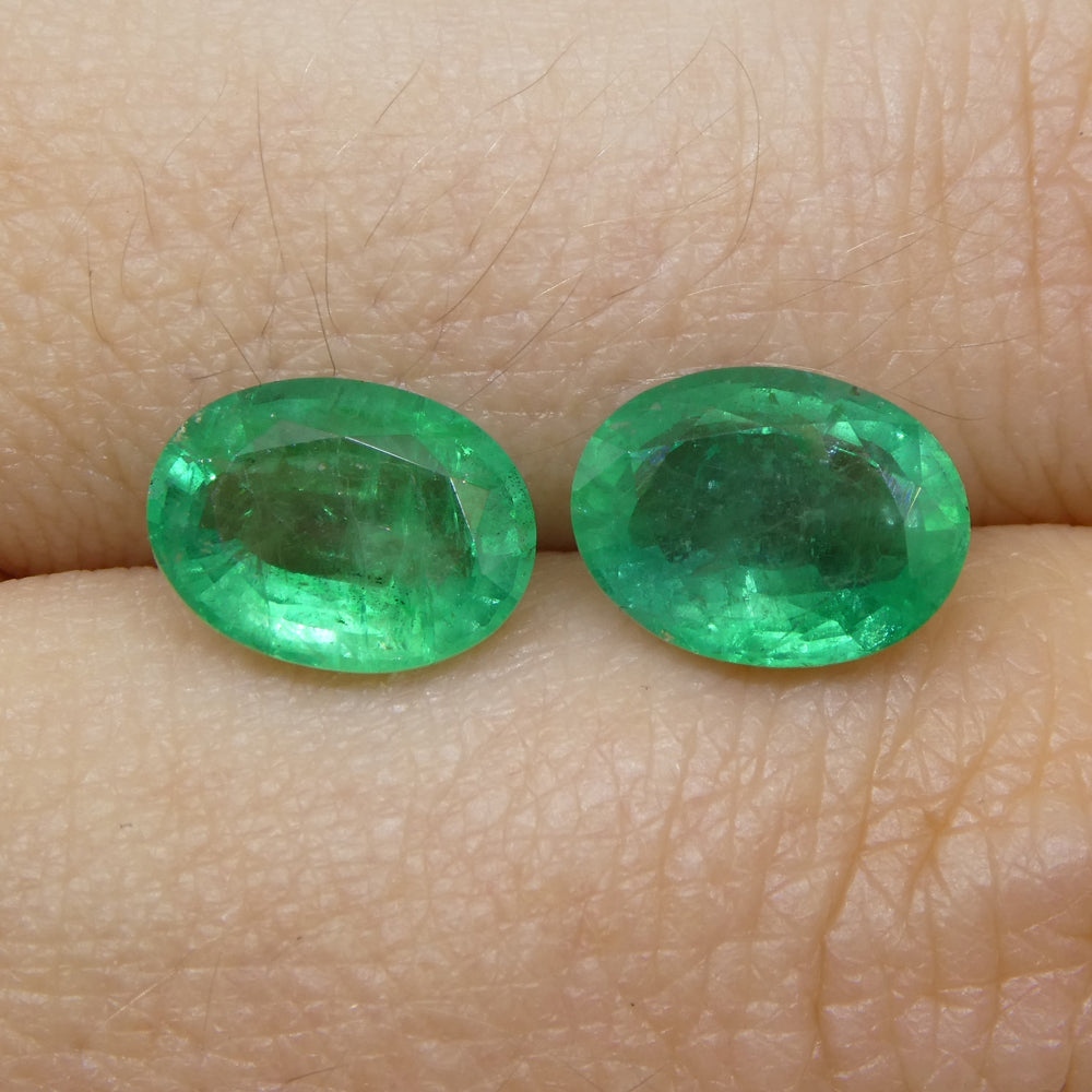 SkyJems 3.26ct Oval Green Emerald Pair from Zambia, bluish green beryl gemstone with moderate clarity