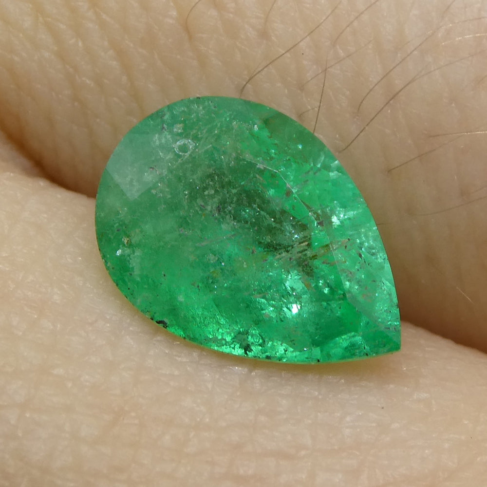 SkyJems 1.55ct Colombian Pear Emerald, bluish green beryl gemstone with moderate clarity and brilliant cut