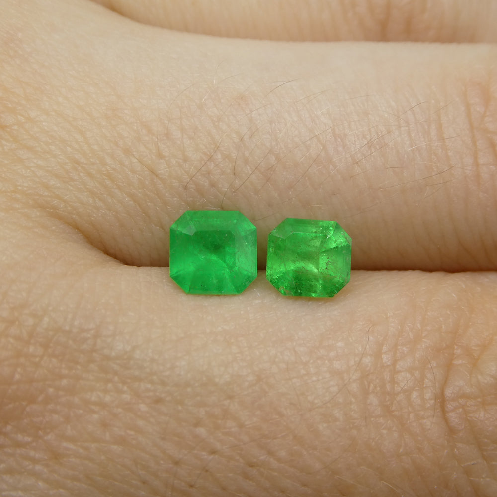 SkyJems Colombian Green Emerald Pair: 1.33ct Square Step-Cut Gems from South American Beryl Collection