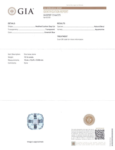 15.16ct Cushion Aquamarine GIA Certified