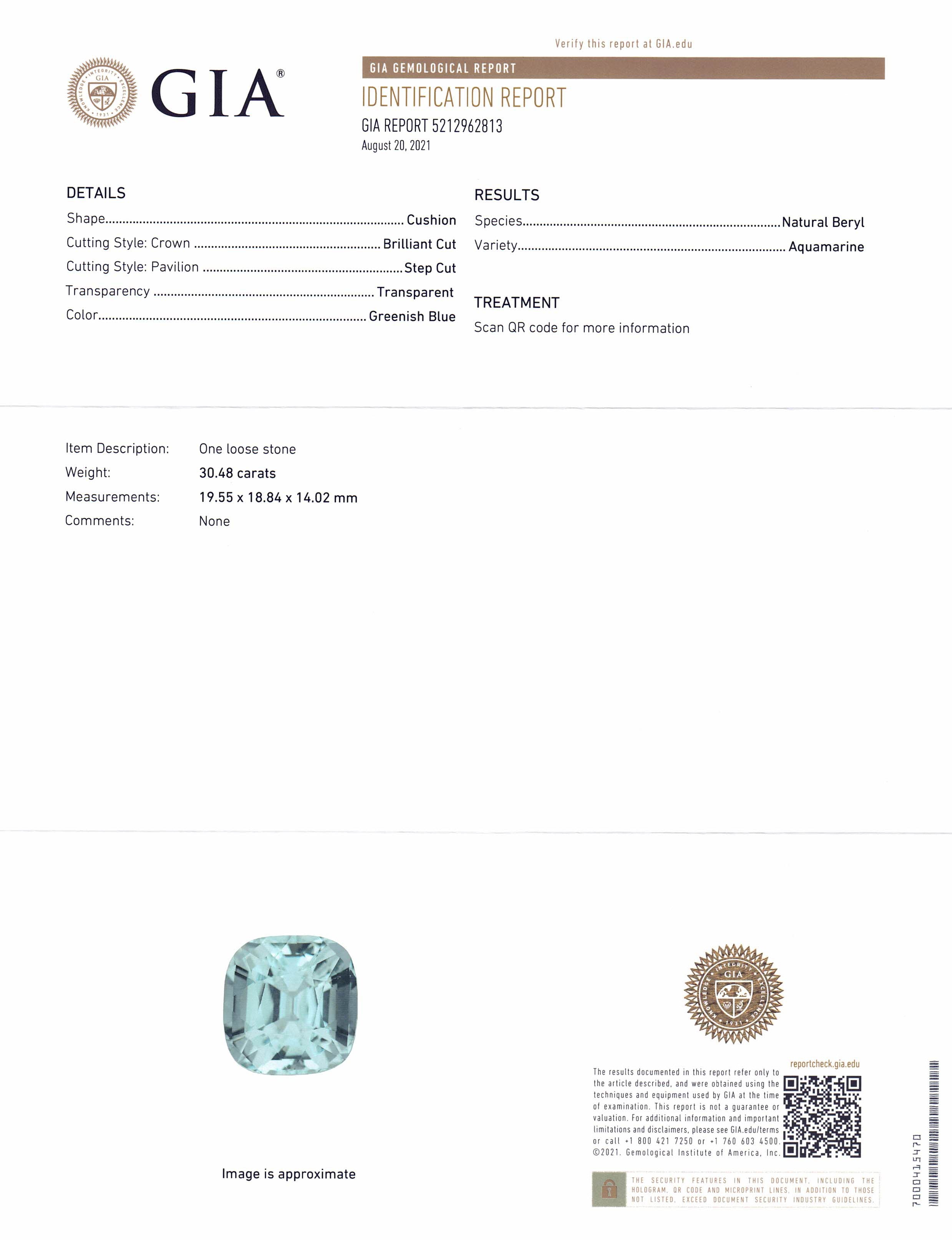 30.48ct Cushion Greenish Blue Aquamarine GIA Certified Unheated - Skyjems Wholesale Gemstones