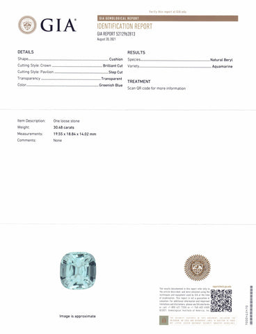 30.48ct Cushion Greenish Blue Aquamarine GIA Certified Unheated