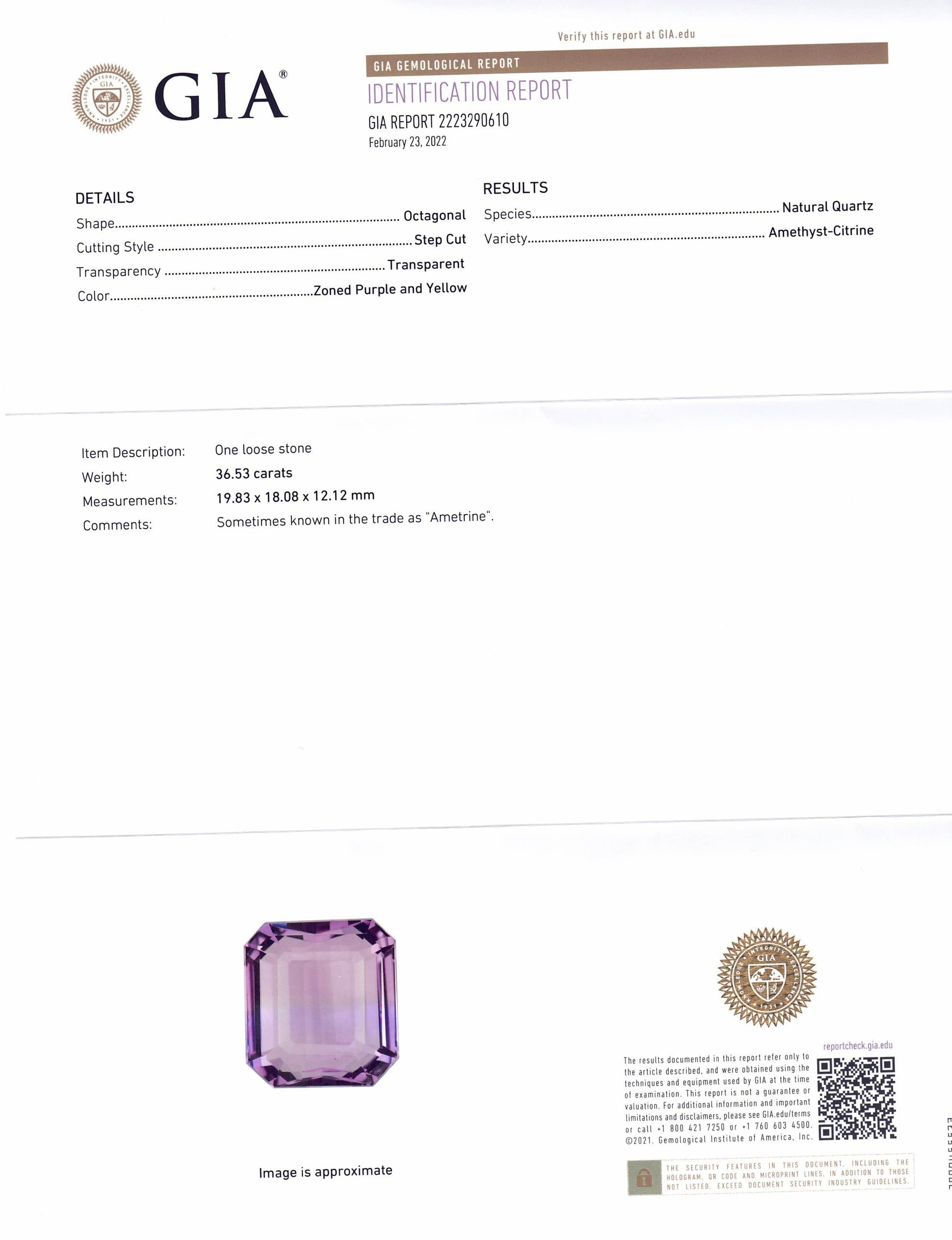 36.53ct Octagonal/Emerald Cut Purple & Yellow Ametrine GIA Certified - Skyjems Wholesale Gemstones