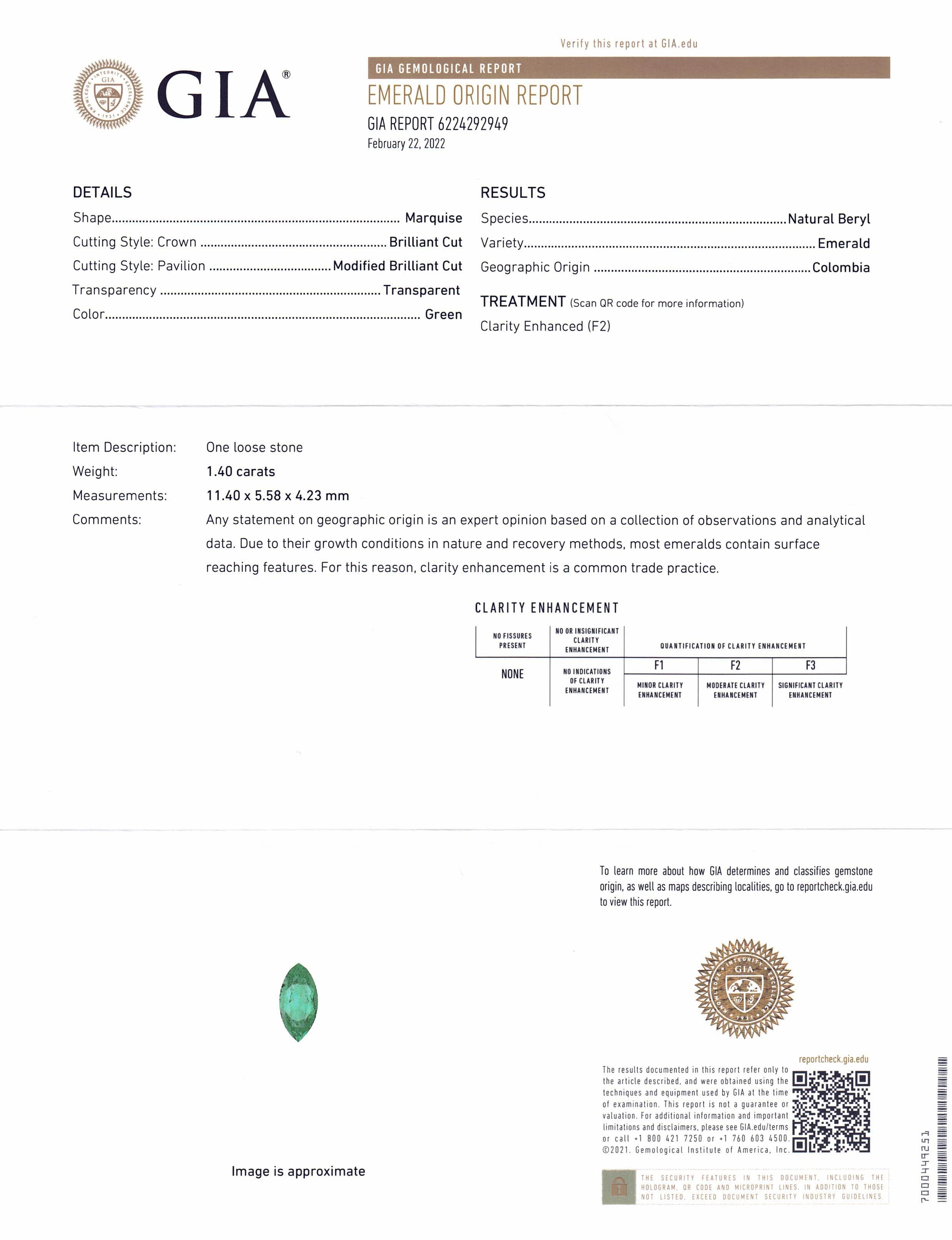 1.4ct Marquise Green Emerald GIA Certified Colombia - Skyjems Wholesale Gemstones