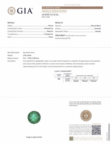 3.02ct Round Green Emerald GIA Certified Zambia