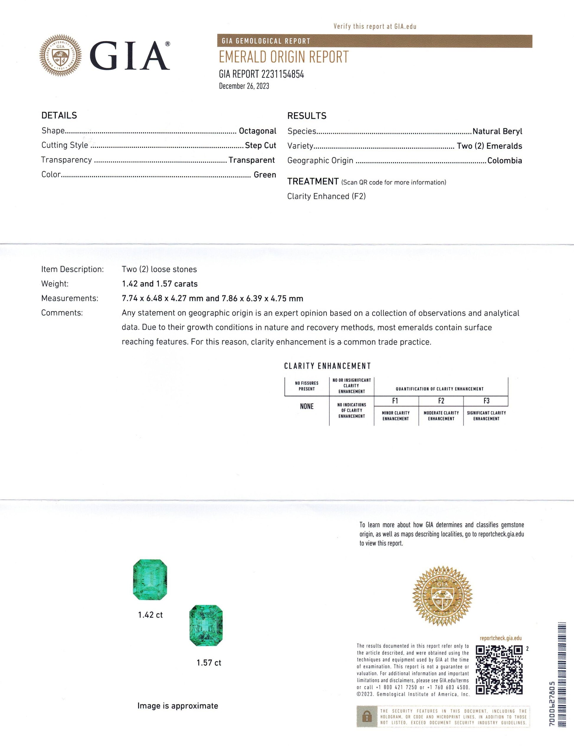 2.99ct Octagonal/Emerald Cut Green Two (2) Emeralds GIA Certified Colombia (F2) Pair - Skyjems Wholesale Gemstones