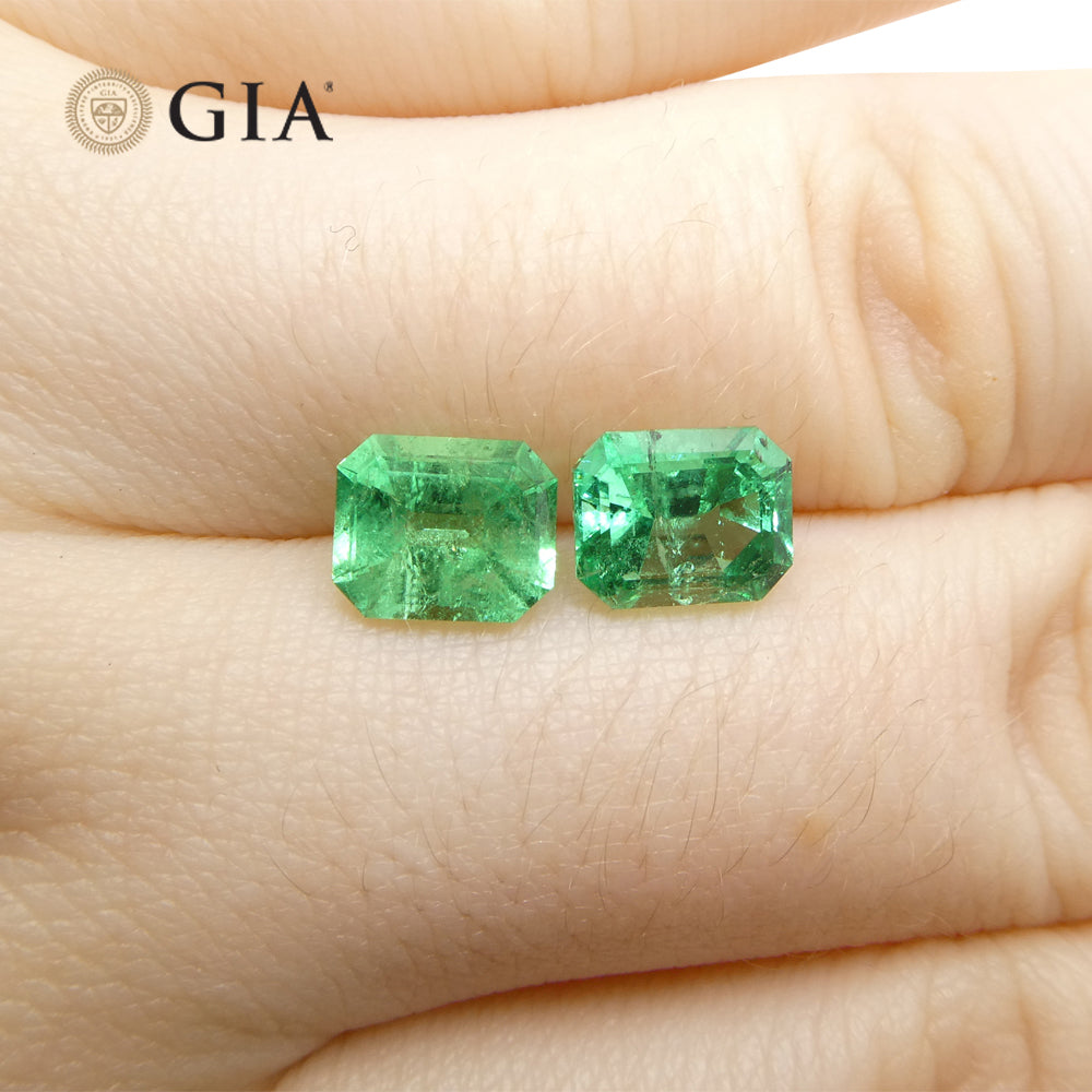 2.99ct Octagonal/Emerald Cut Green Two (2) Emeralds GIA Certified Colombia (F2) Pair - Skyjems Wholesale Gemstones