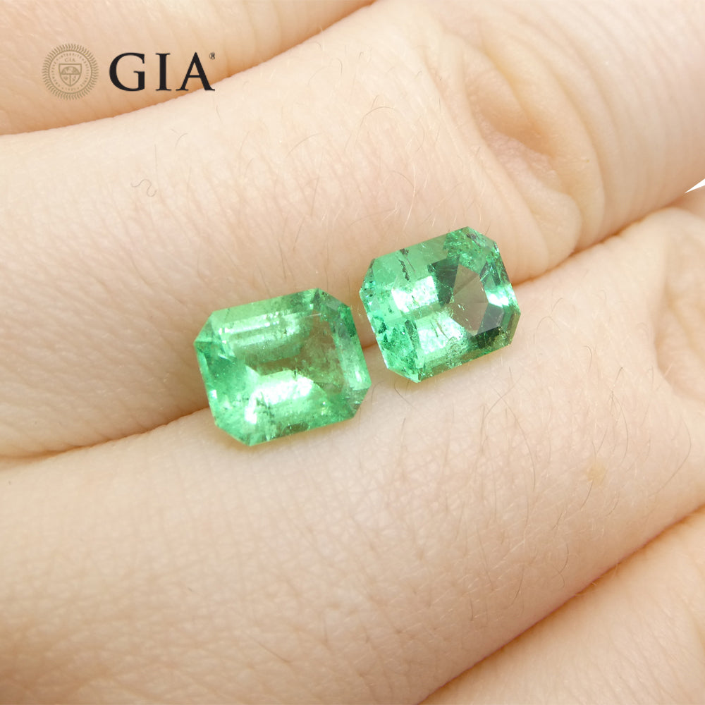 2.99ct Octagonal/Emerald Cut Green Two (2) Emeralds GIA Certified Colombia (F2) Pair - Skyjems Wholesale Gemstones