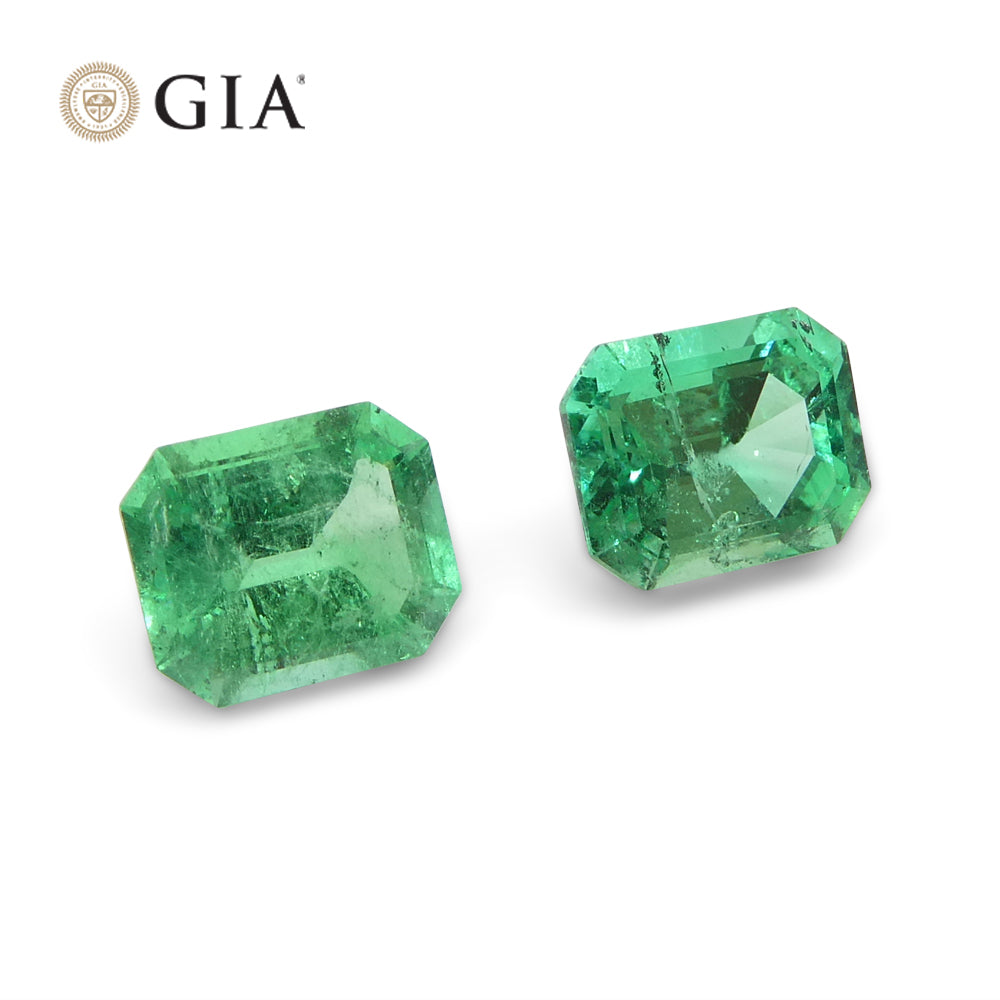 2.99ct Octagonal/Emerald Cut Green Two (2) Emeralds GIA Certified Colombia (F2) Pair - Skyjems Wholesale Gemstones