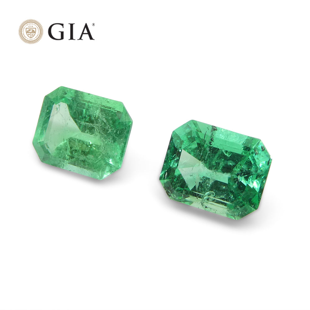 2.99ct Octagonal/Emerald Cut Green Two (2) Emeralds GIA Certified Colombia (F2) Pair - Skyjems Wholesale Gemstones