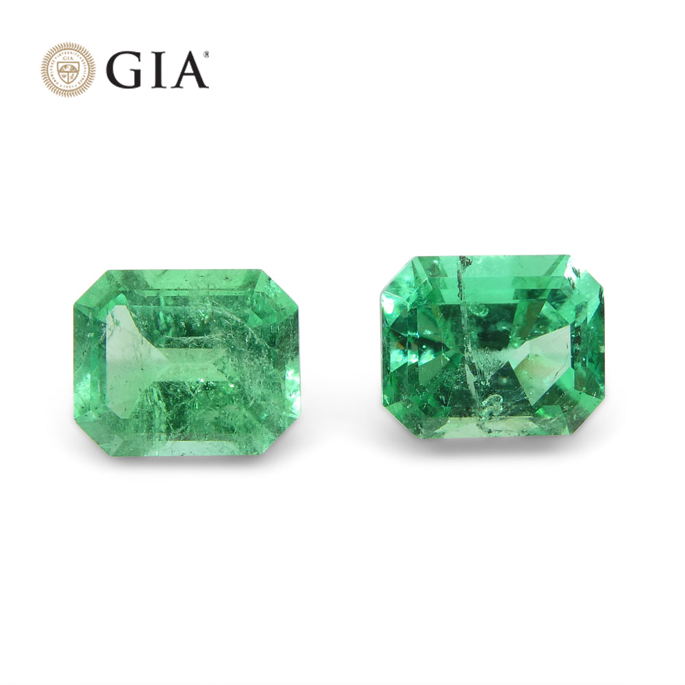 2.99ct Octagonal/Emerald Cut Green Two (2) Emeralds GIA Certified Colombia (F2) Pair - Skyjems Wholesale Gemstones