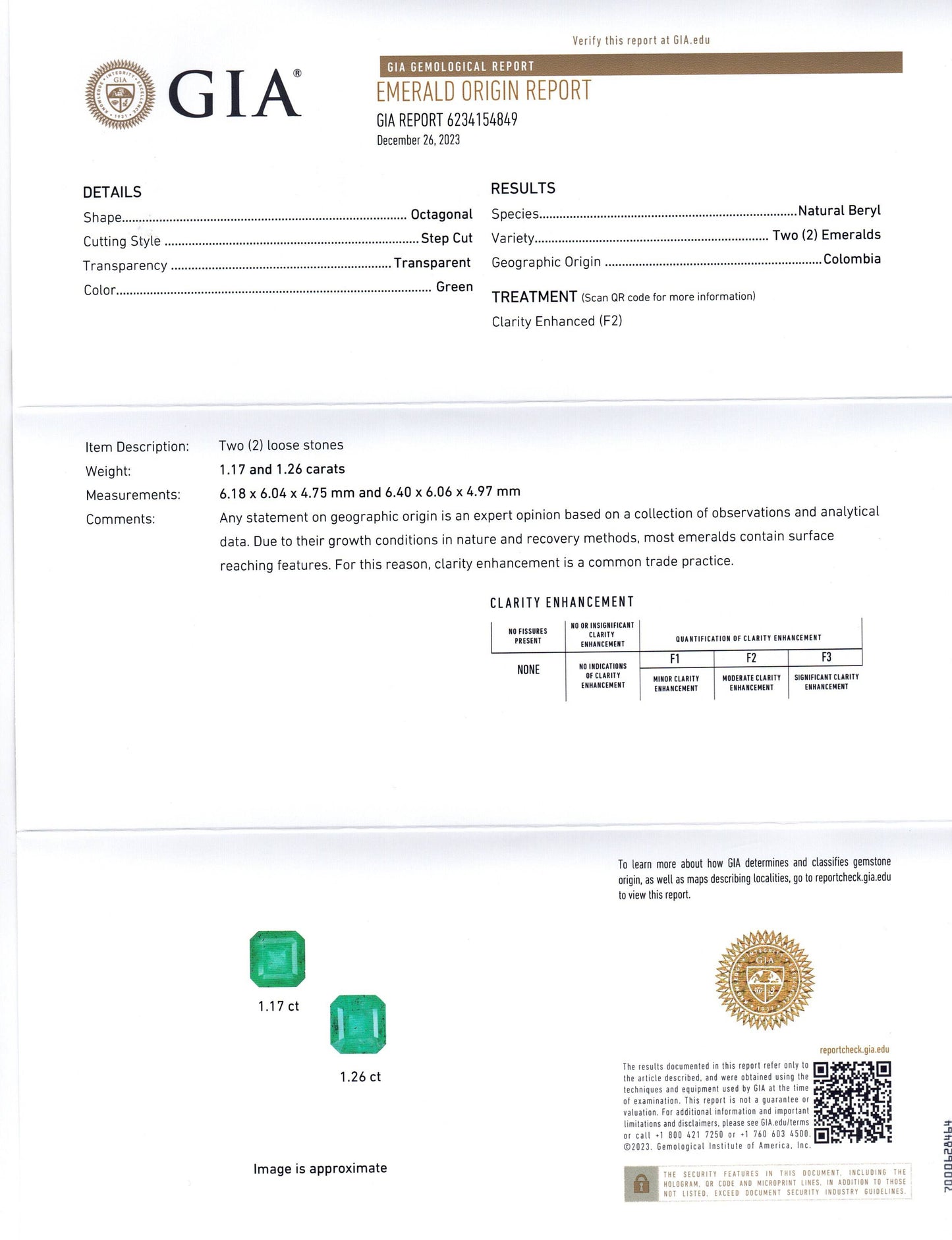 2.43ct Octagonal/Emerald Cut Green Two (2) Emeralds GIA Certified Colombia (F2) Pair - Skyjems Wholesale Gemstones