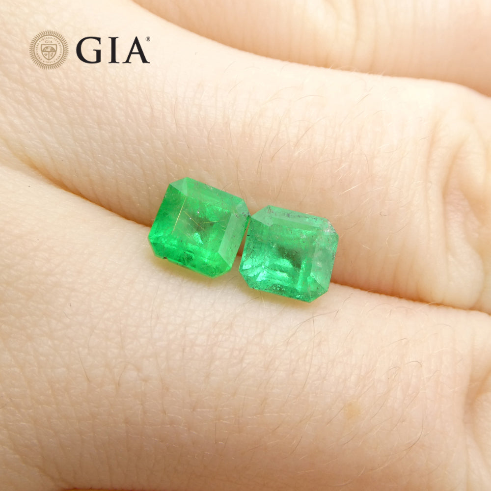 2.43ct Octagonal/Emerald Cut Green Two (2) Emeralds GIA Certified Colombia (F2) Pair - Skyjems Wholesale Gemstones