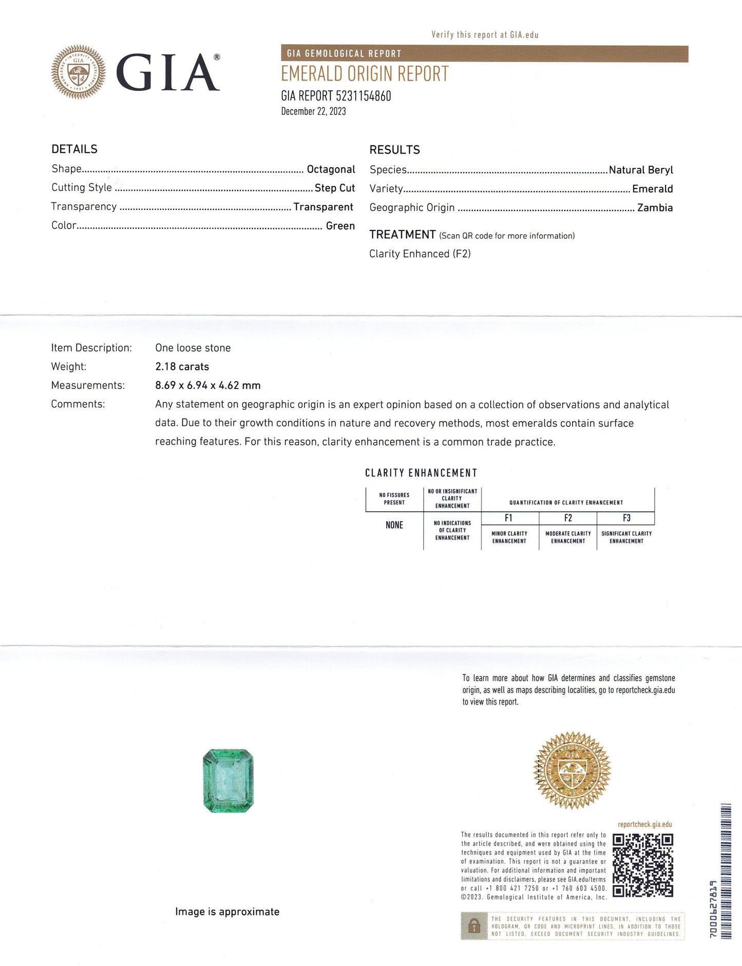 2.18ct Octagonal/Emerald Cut Green Emerald GIA Certified Zambia (F2) - Skyjems Wholesale Gemstones