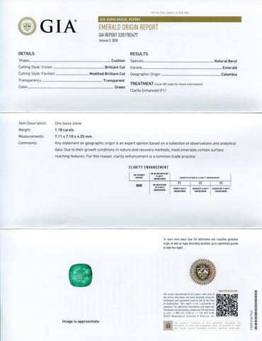 1.18 ct Cushion Emerald GIA Certified Colombian F1/Minor