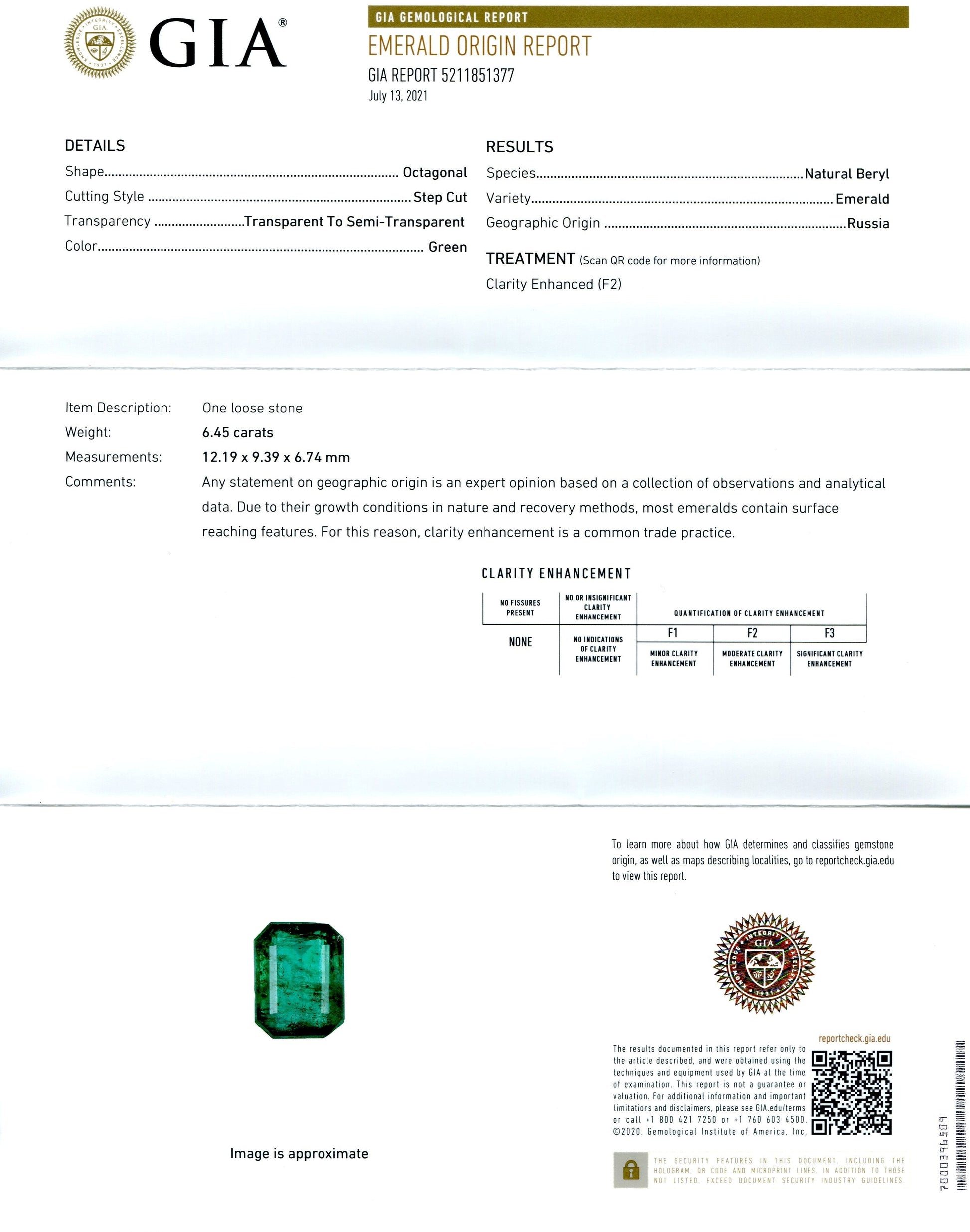 6.45ct Octagonal/Emerald Cut Green Emerald GIA Certified Russia - Skyjems Wholesale Gemstones