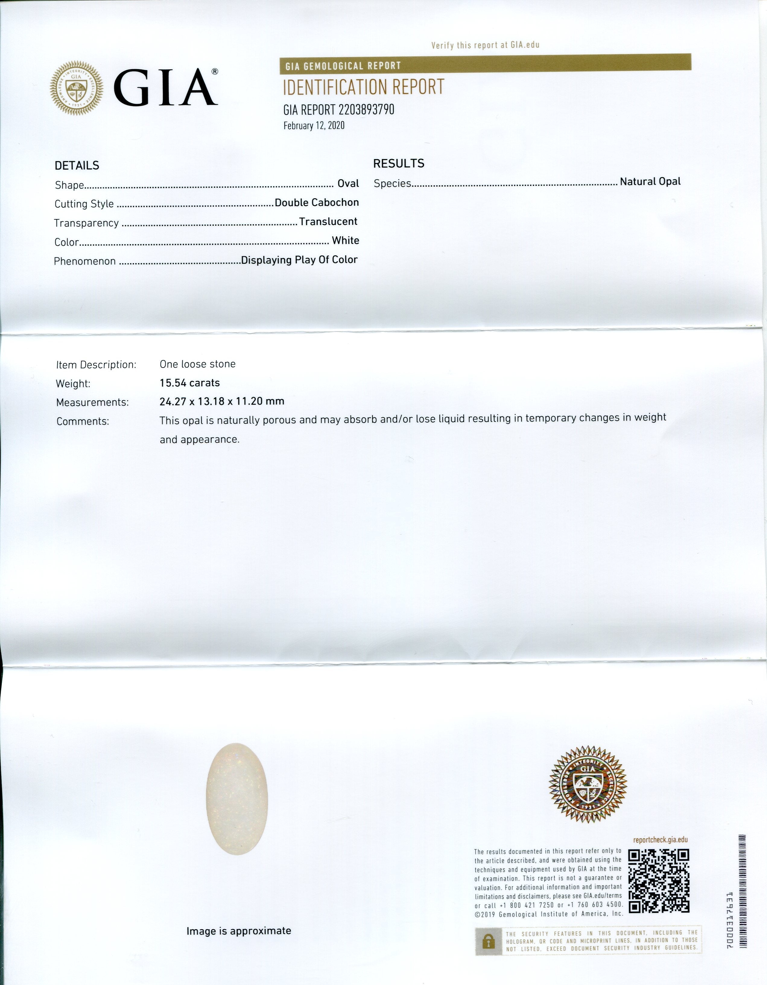15.54 ct Ethiopian Oval White Opal with Vibrant Play of Color, GIA Certified Natural Gemstone by SkyJems