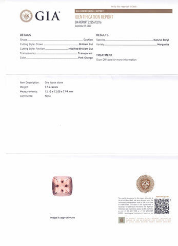 7.16ct Cushion Pink-Orange Morganite GIA Certified