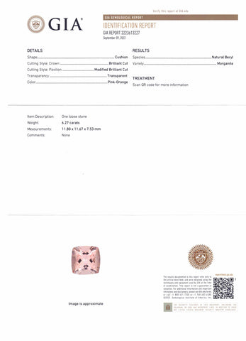 6.27ct Cushion Pink-Orange Morganite GIA Certified
