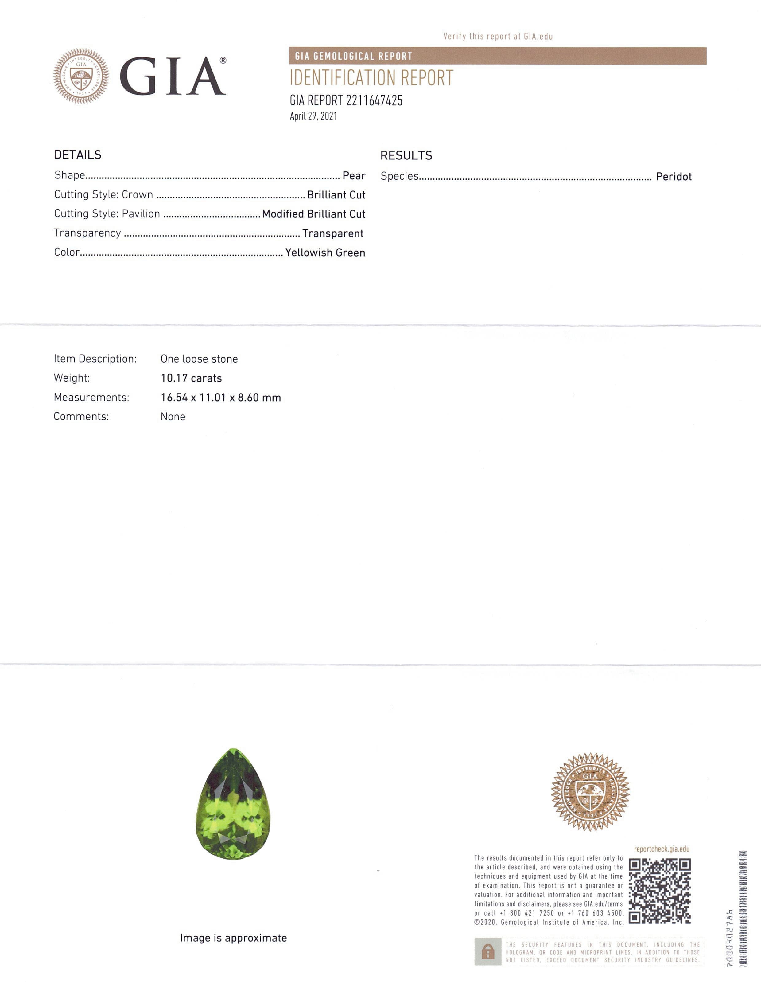 SkyJems 10.17ct Pear Peridot from Myanmar, GIA-certified yellowish green gemstone with exceptional clarity