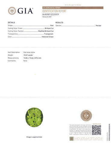 10.47ct Oval Yellowish Green Peridot GIA Certified