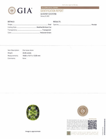 GIA Certified 26.84ct Oval Peridot with Ludwigite Needle Inclusions / 'Rutilated Peridot'