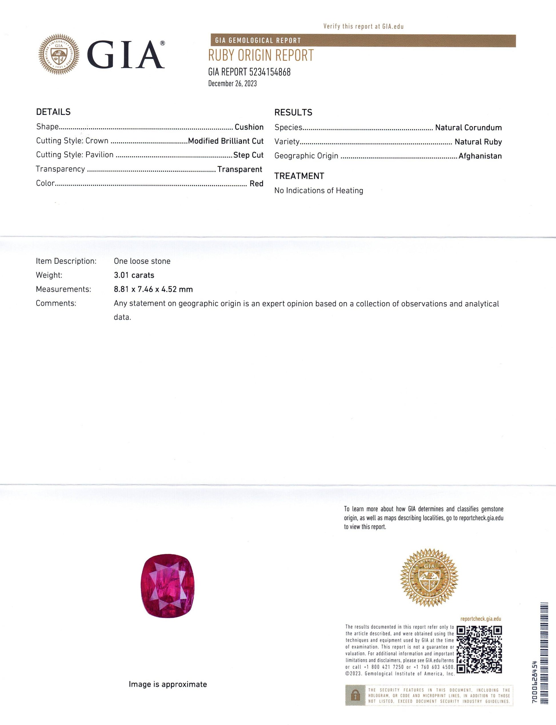 3.01ct Cushion Red Ruby GIA Certified Afghanistan Unheated - Skyjems Wholesale Gemstones