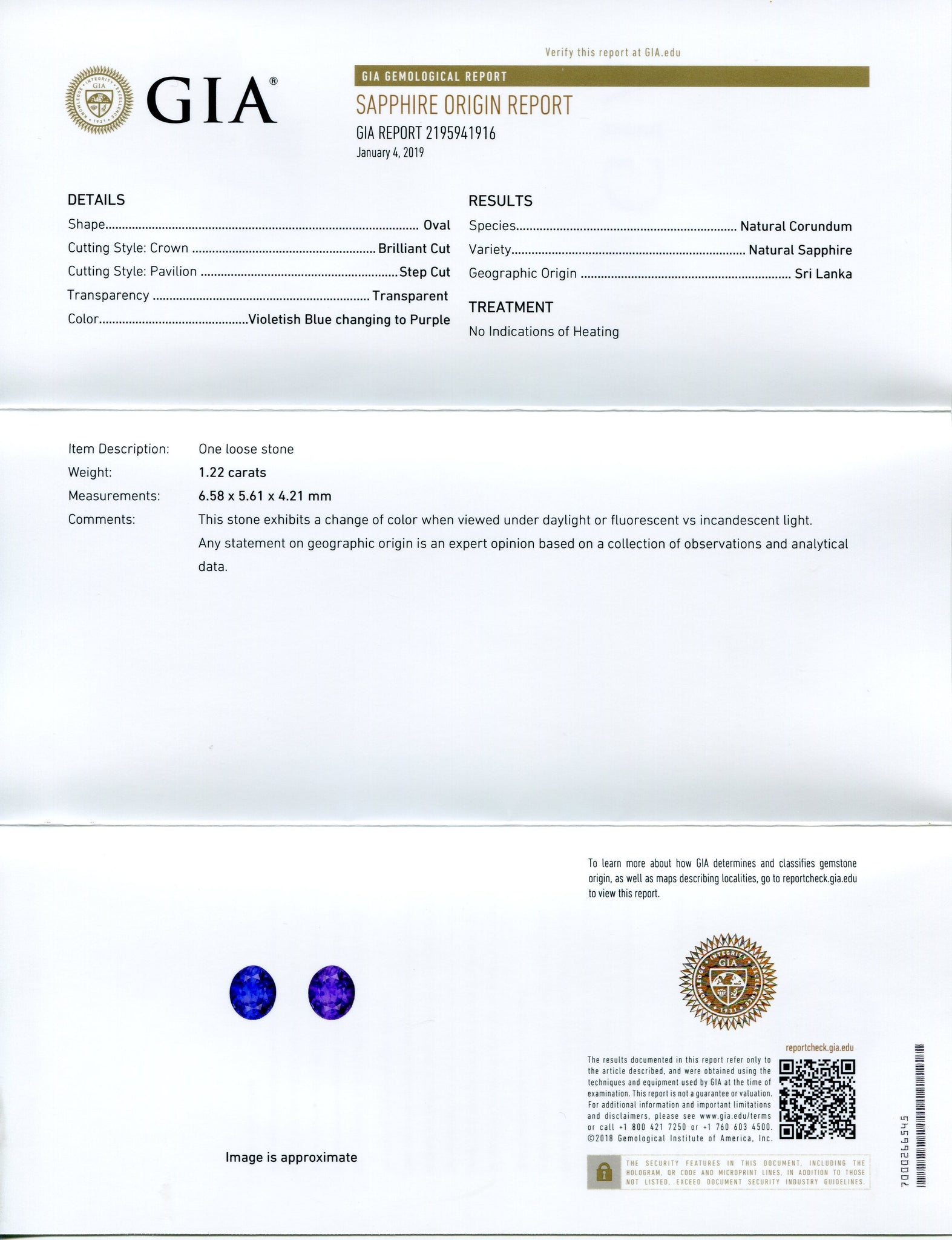 1.22ct Color Change Sapphire Oval GIA Certified Unheated, Sri Lanka ...