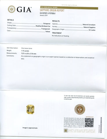 1.74 ct Yellow Sapphire Octagonal GIA Certified Unheated, Sri Lanka
