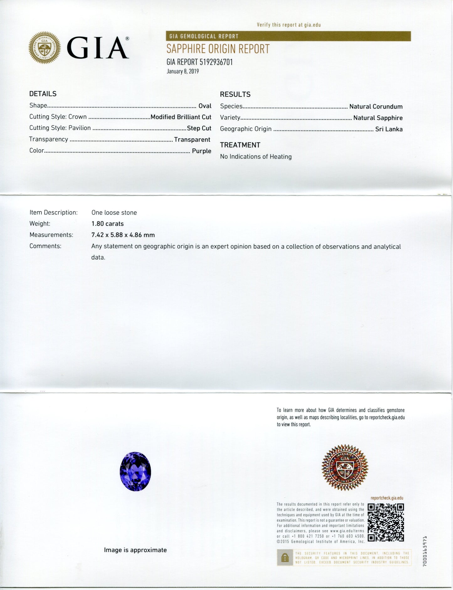 1.80 ct Purple Sapphire Oval GIA Certified Unheated, Sri Lanka - Skyjems Wholesale Gemstones