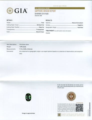 1.09ct Oval Teal Green Sapphire GIA Certified Australian