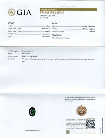 1.07ct Oval Teal Green Sapphire GIA Certified Australian Unheated