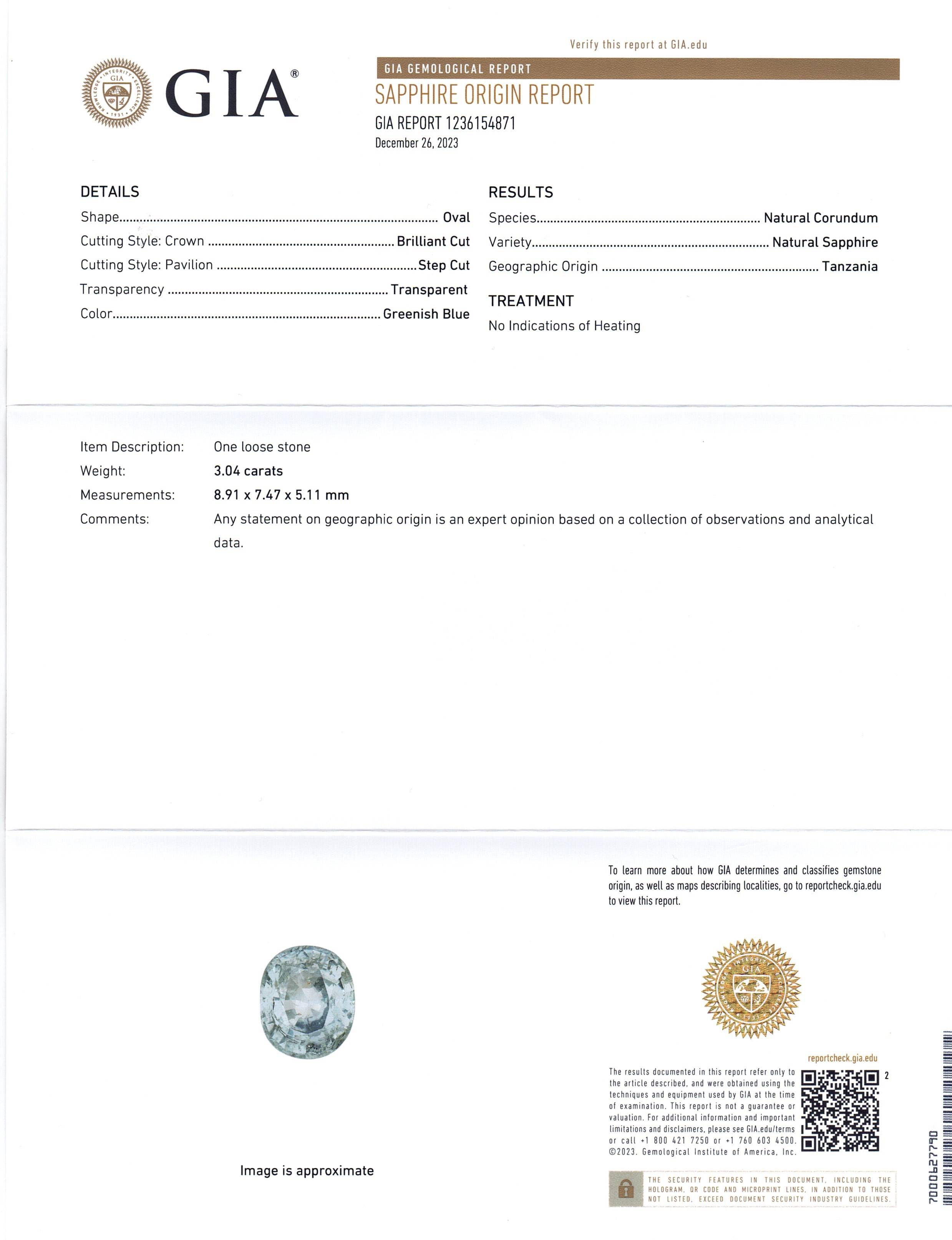 3.04ct Oval Greenish Blue Teal Sapphire GIA Certified Tanzania Unheated - Skyjems Wholesale Gemstones