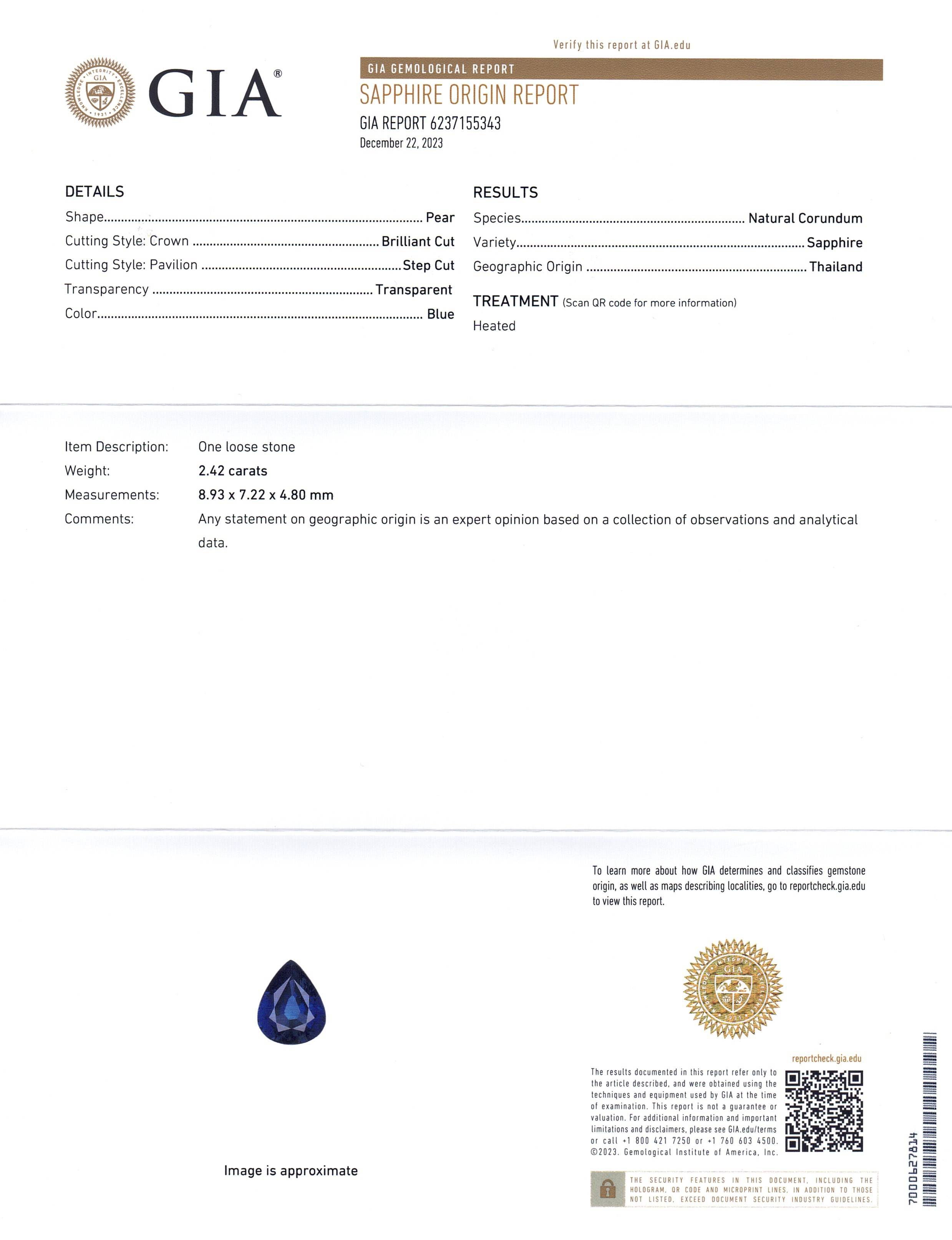2.42ct Natural Blue Pear Sapphire from Thailand, GIA Certified, Premium SkyJems Gemstone Collection