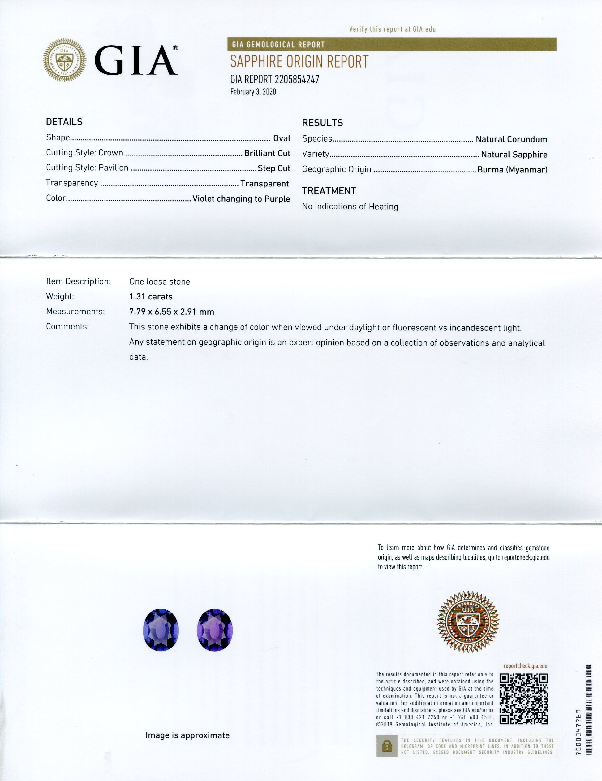 1.31ct Oval Color Change Sapphire GIA Certified Burma (Myanmar) Unheated, Violet to Purple - Skyjems Wholesale Gemstones